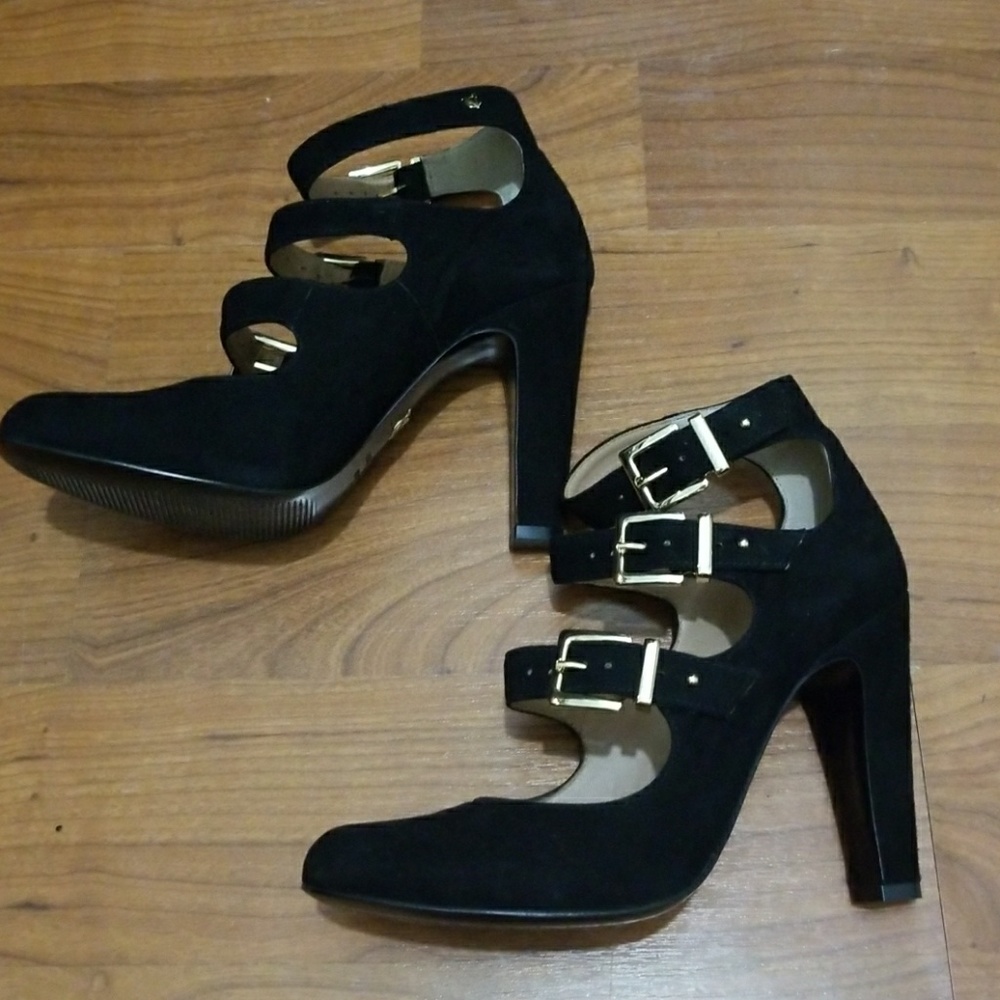 Vince Camuto Black Suede Buckle Heels